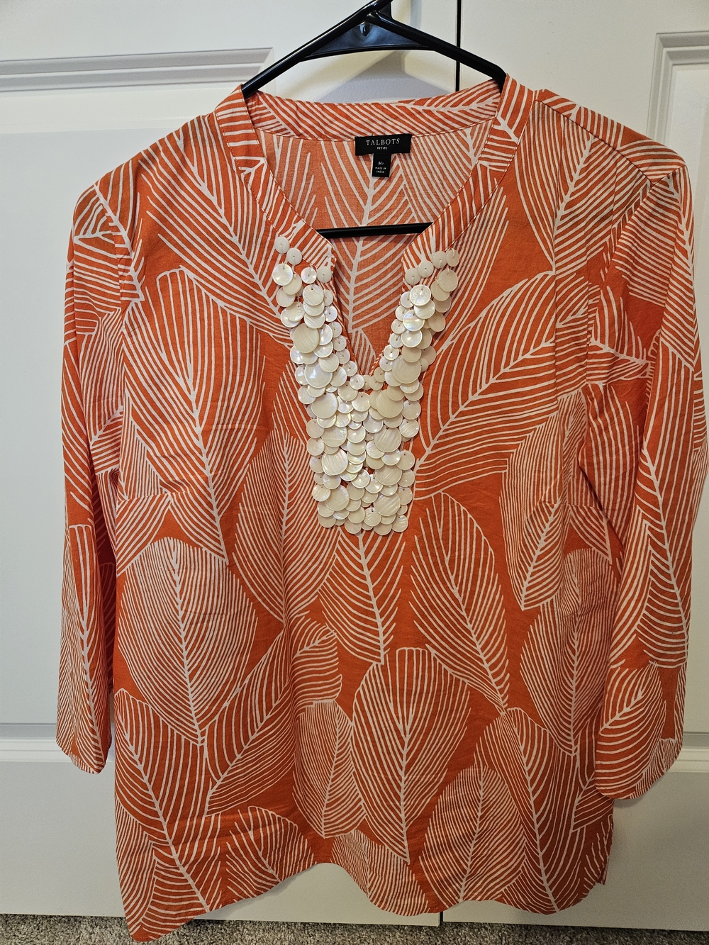 Talbots Orange and White Leaf-Print Tunic with Shell V-Neck